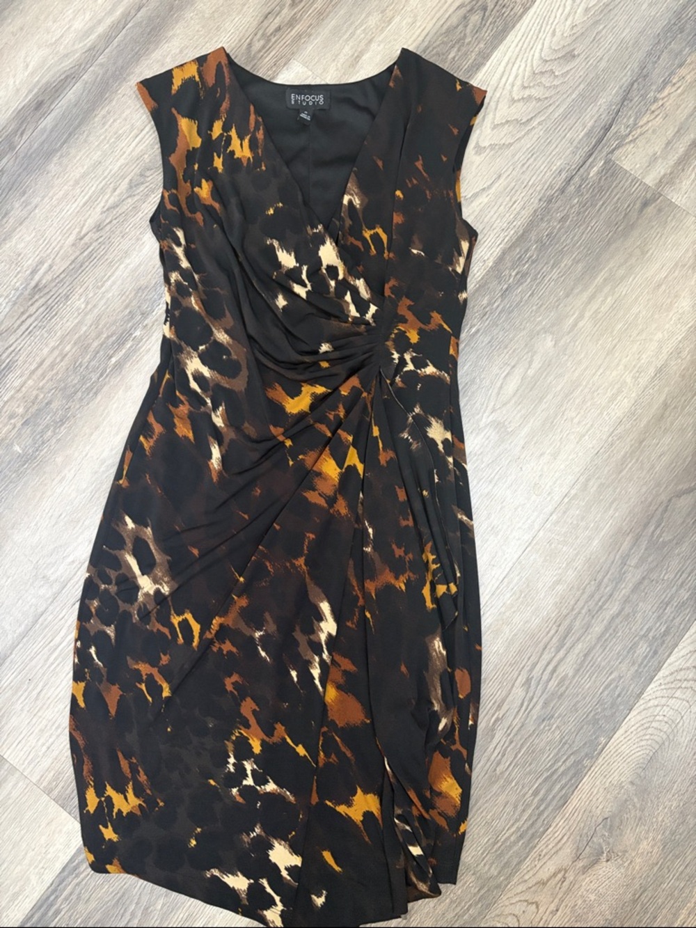 Enfocus Studio Black, Brown & Cream Abstract Wrap Midi Dress